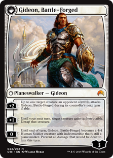Gideon, Battle-Forged
 At end of combat, if Kytheon, Hero of Akros and at least two other creatures attacked this combat, exile Kytheon, then return him to the battlefield transformed under his owner's control.
{2}{W}: Kytheon gains indestructible until end of turn.
